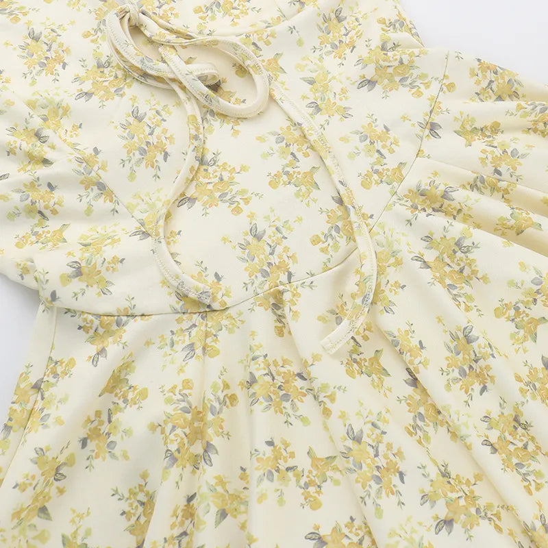 Women's Yellow Floral V-Neck Mini Dress with Puff Sleeves - Image 3