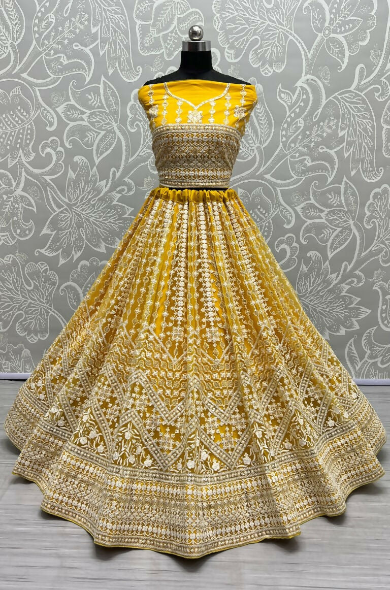 Yellow Net Wedding Lehenga Choli with Sequins and Thread Embroidery