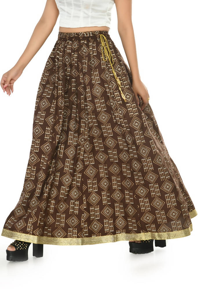 Coffee Brown Printed Cotton A-Line Floor Length Bohemian Lehenga