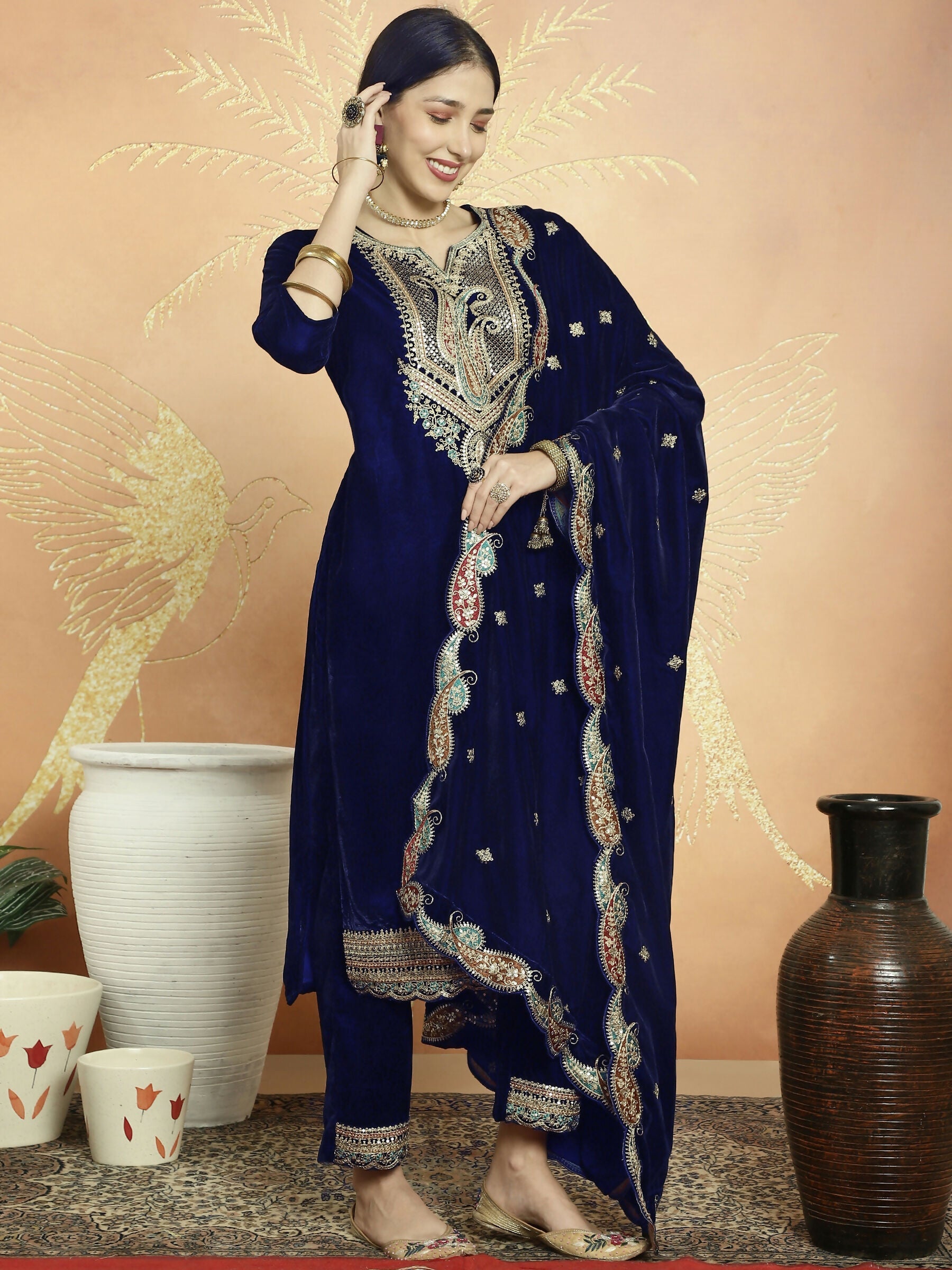 Navy Blue Velvet Straight Kurta Set with Sequin & Resham Thread
