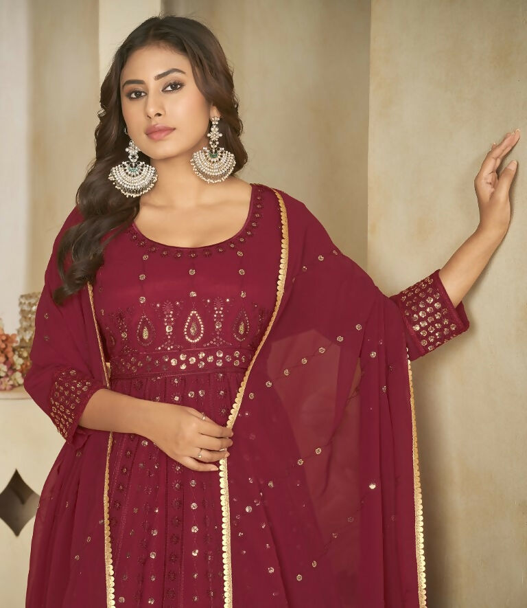 Jyoti Fashion Women's Maroon Georgette Embroidered Anarkali Kurta Pant Set With Dupatta