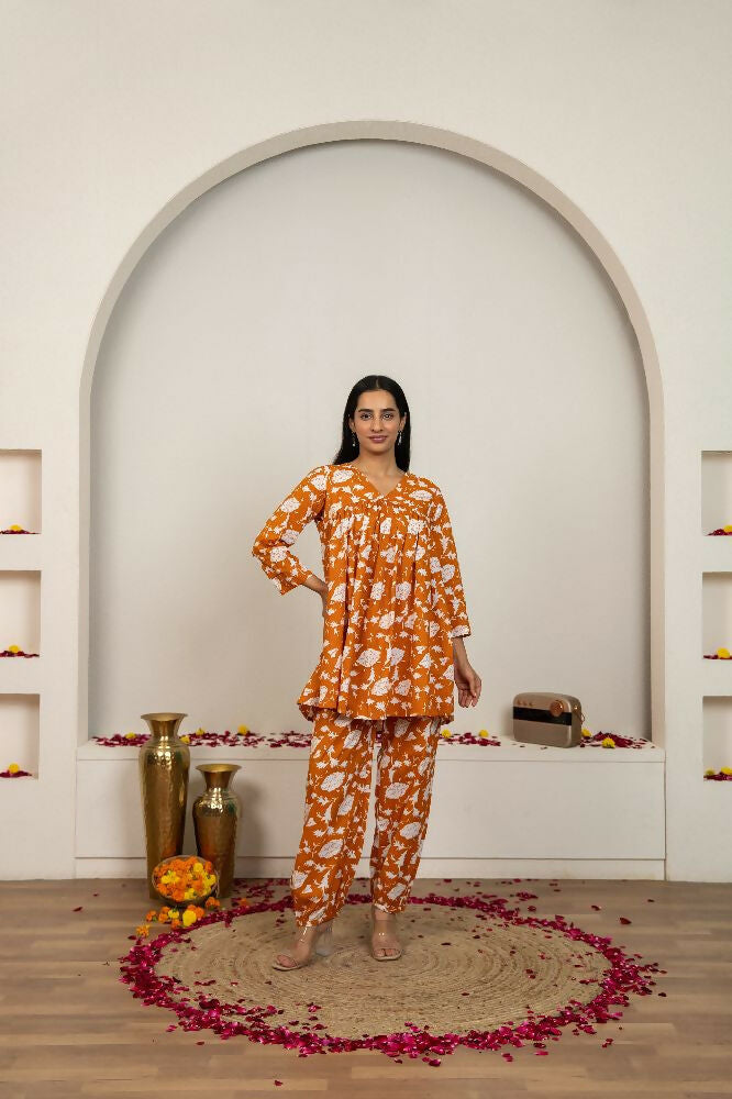 Peach Hand Block Print Cotton Kurta Set for Women