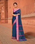 Elegant blue and pink trendy cotton saree suitable for daily wear and casual ethnic styling.