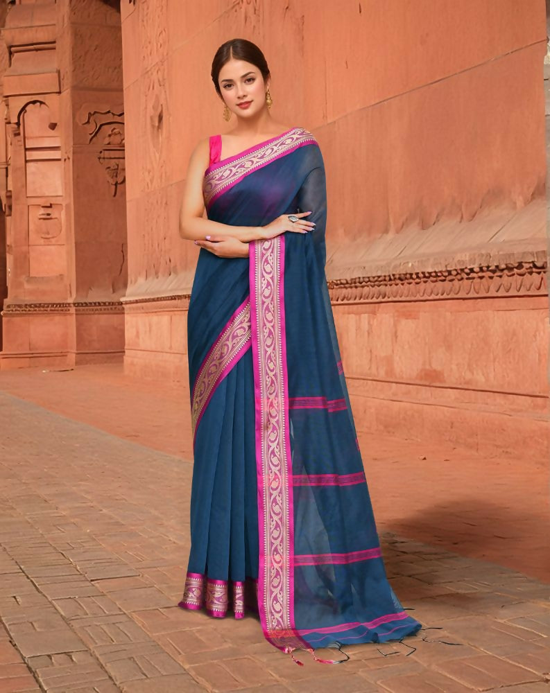 Elegant blue and pink trendy cotton saree suitable for daily wear and casual ethnic styling.