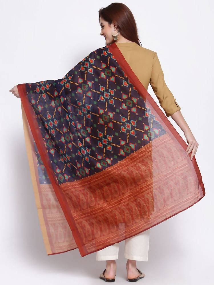 Women's Printed Cotton Silk Dupatta in Navy Blue and Rust Orange
