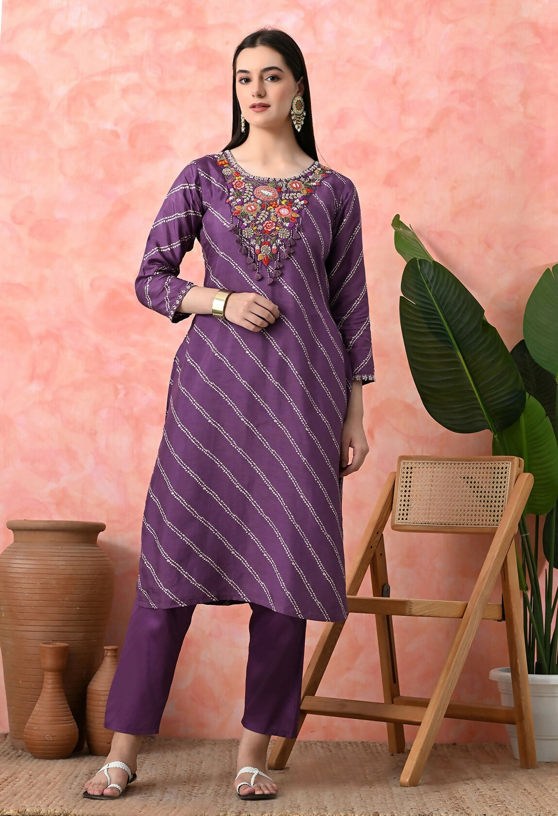 Mauve Premium Pure Viscose Dola Print Kurta Set with Handwork