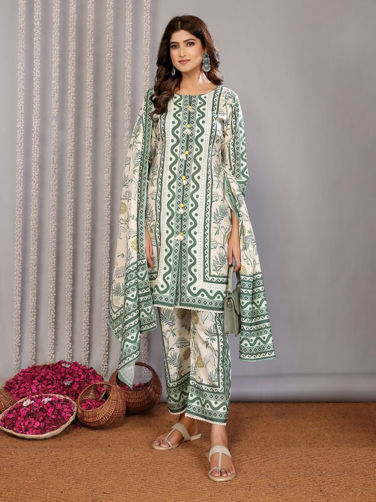 Off White and Forest Green Printed Linen Kurta Set