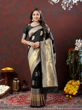 Black soft silk saree with gold zari weaving detail and matching blouse