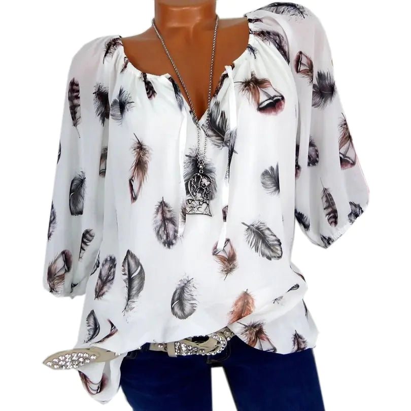 Women's Loose Fit V-Neck Feather Print Blouse Casual Summer Top - Image 29