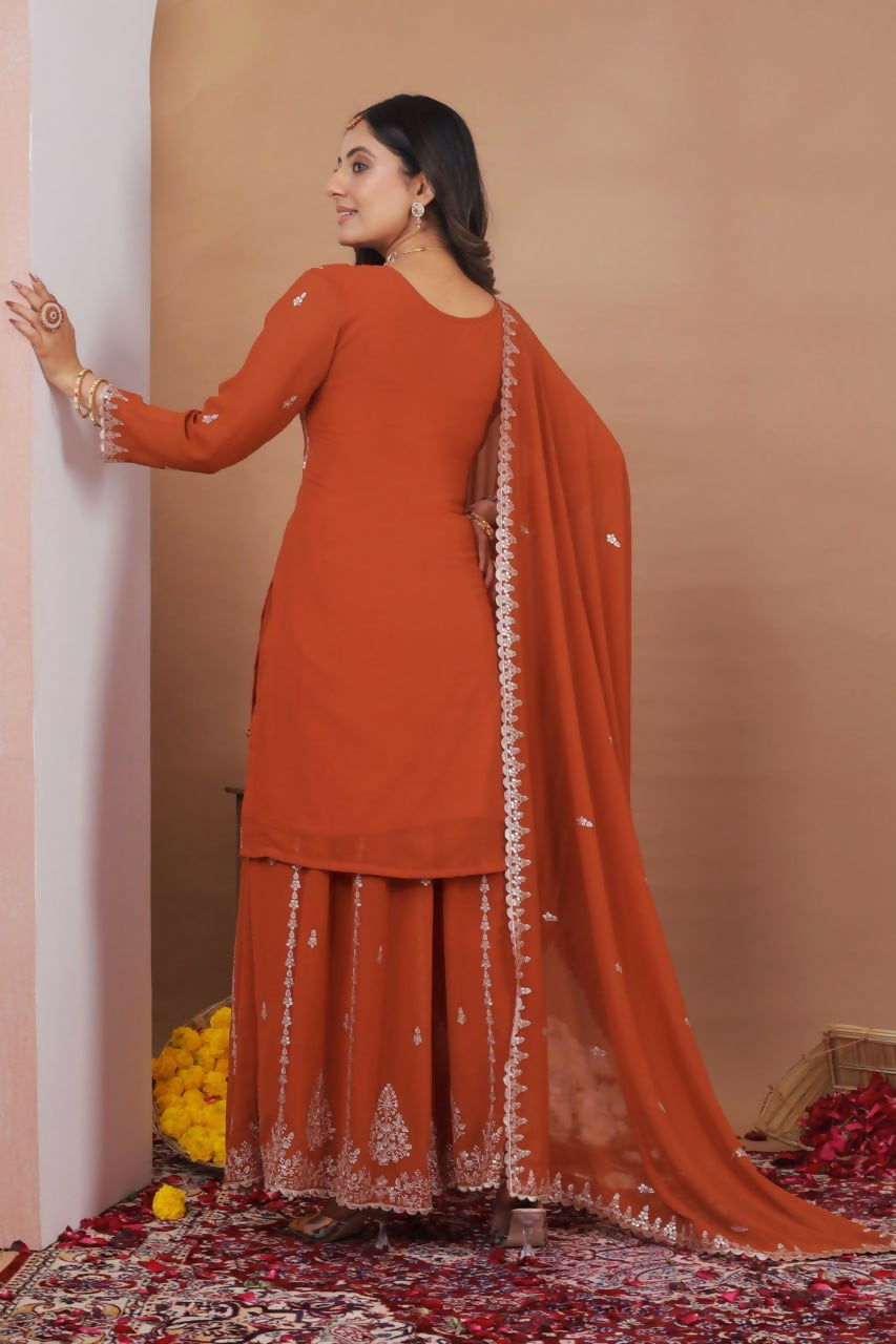 Dark Orange Georgette Embroidered Sharara Set