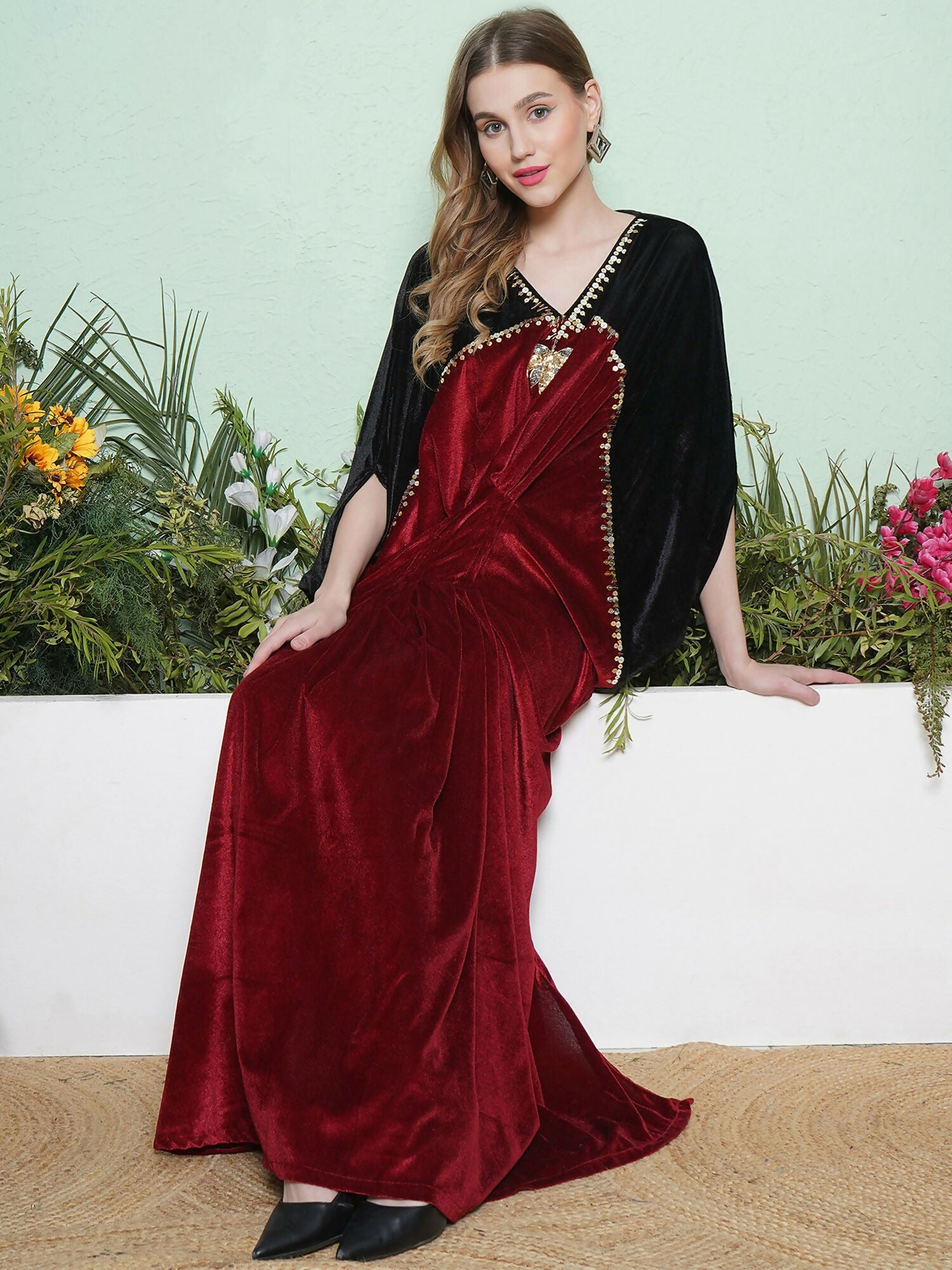 Black and Maroon Hand Embellished Velvet Gown for Women