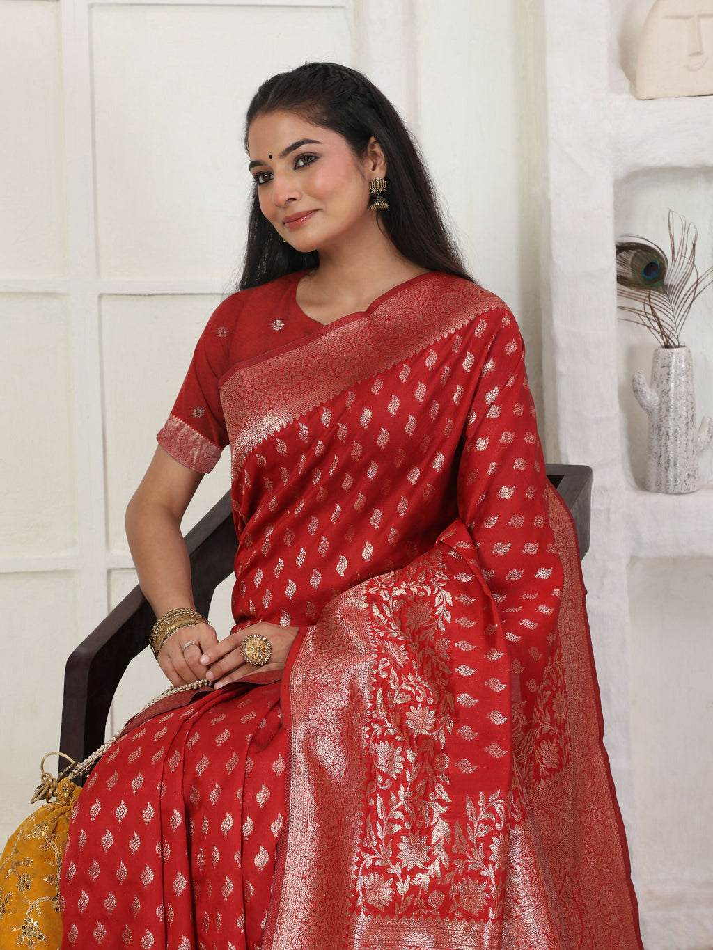 Classic Red Lichi Silk Saree with Matching Blouse Piece