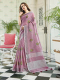 Elegant light purple linen saree with matching blouse piece draped neatly.