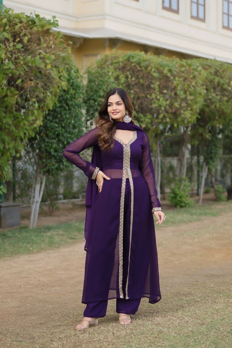 Jyoti Fashion Women's Purple Faux Blooming Embroidered Kurta with Trouser & Dupatta