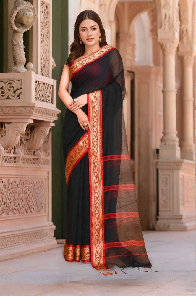 A trendy black and red cotton saree with a matching blouse piece