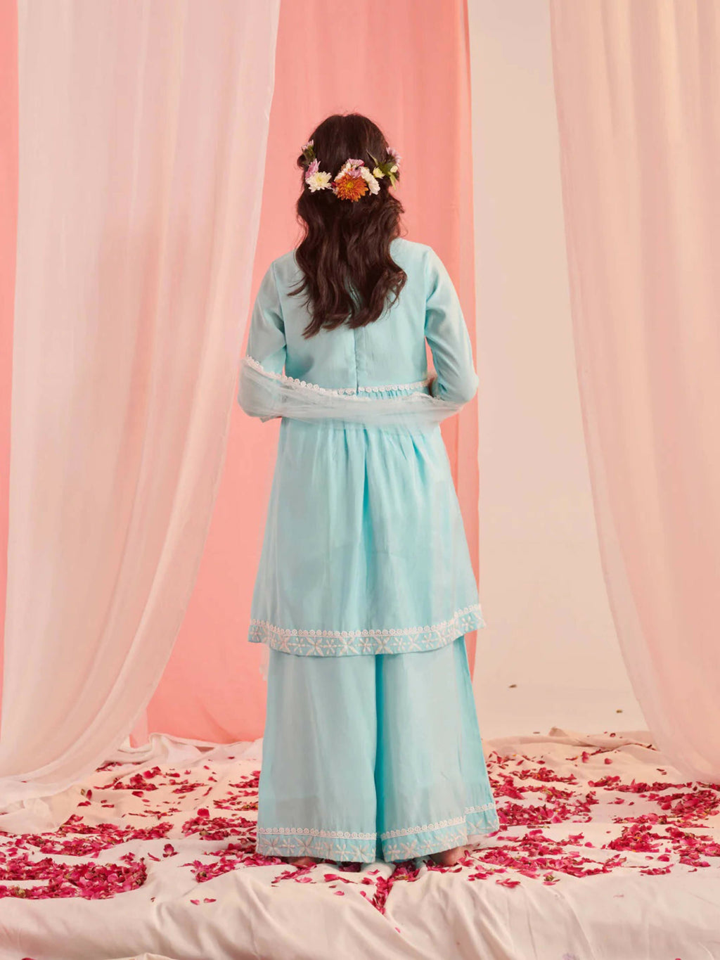 Girl's Sky Blue Cotton Blend Palazzo Set with Net Dupatta
