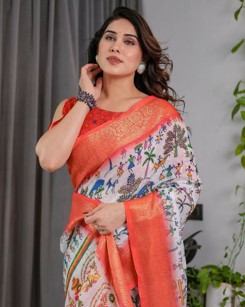 PR Fashion Peach Pure Handloom Linen Saree