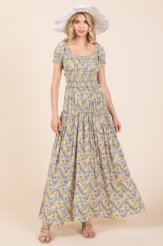 Floral Print Puff Sleeve Gathered Maxi Dress