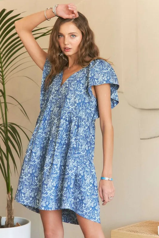 Blue and White Floral Print V-Neck Ruffle Sleeve Mini Dress