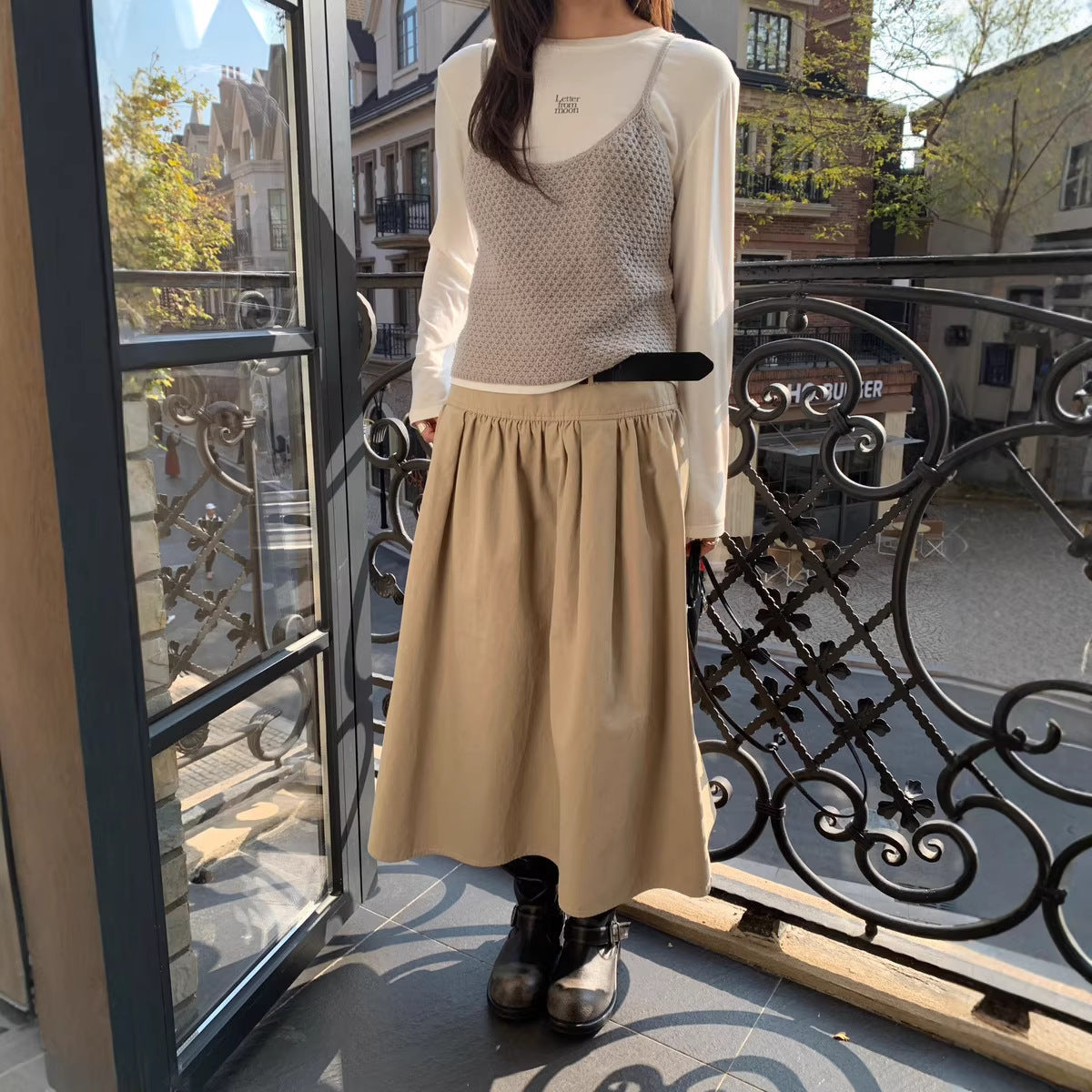 Relaxed Beige A-Line Midi Skirt with Adjustable Belt - Image 2