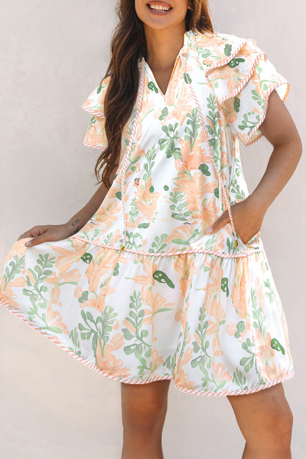 Orange Floral Satin Mini Dress | V-Neck Layered Short Sleeve