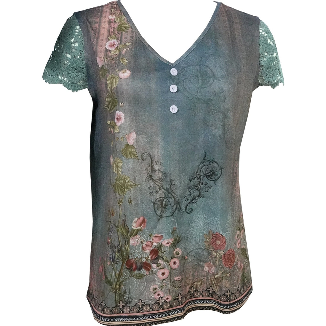 Women Floral Print Lace Sleeve Blouse Elegant Short Sleeve Top - Image 3