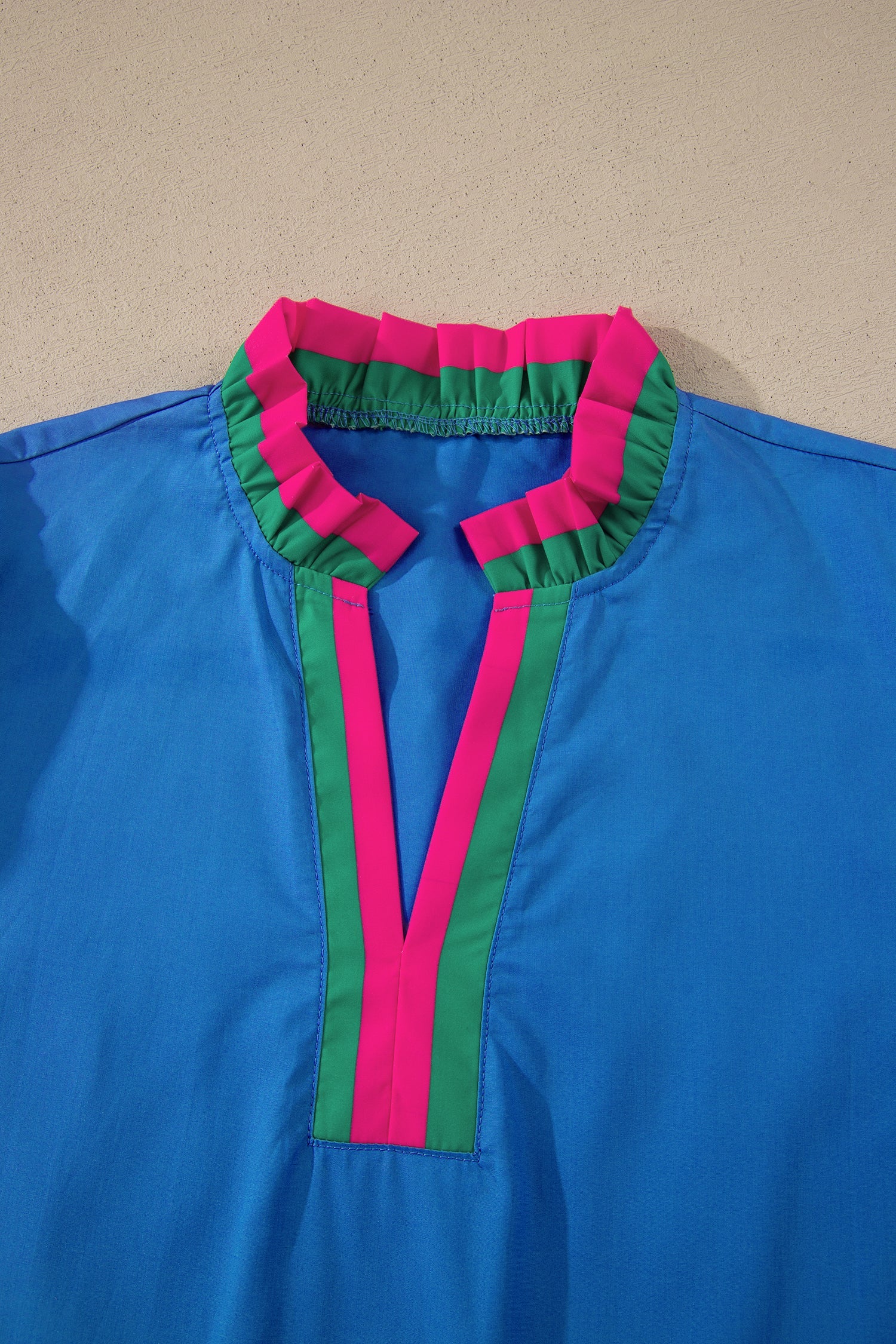 Stripe Frilled Collar Ruffle Short Sleeve Blouse - Green Blue Pink