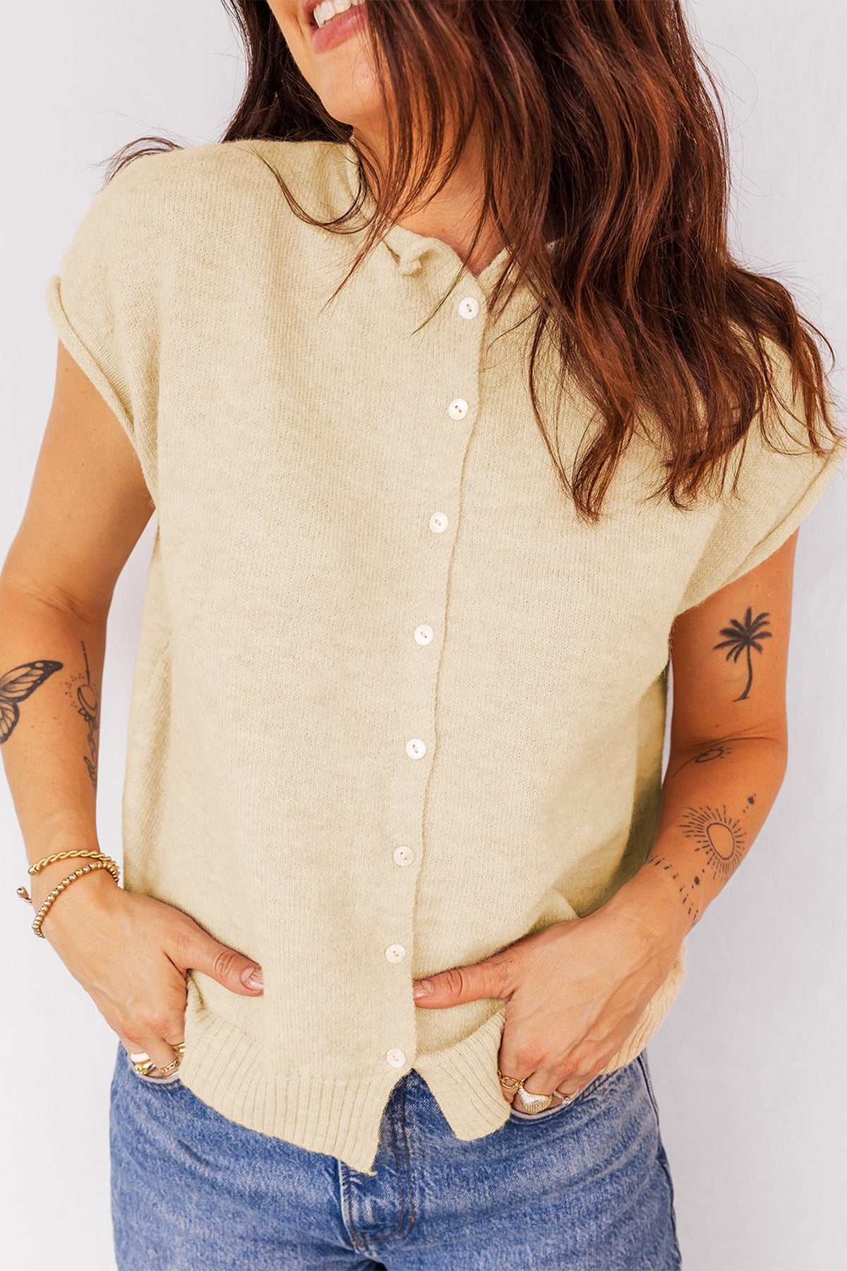 Solid Button-Front Rolled Hem Sweater Top