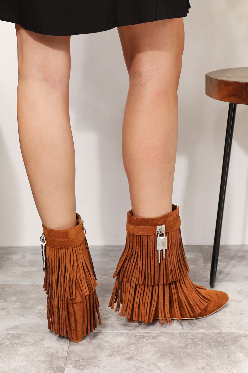 Women's Brown Tassel Wedge Ankle Booties Pointy Toe Vegan Suede