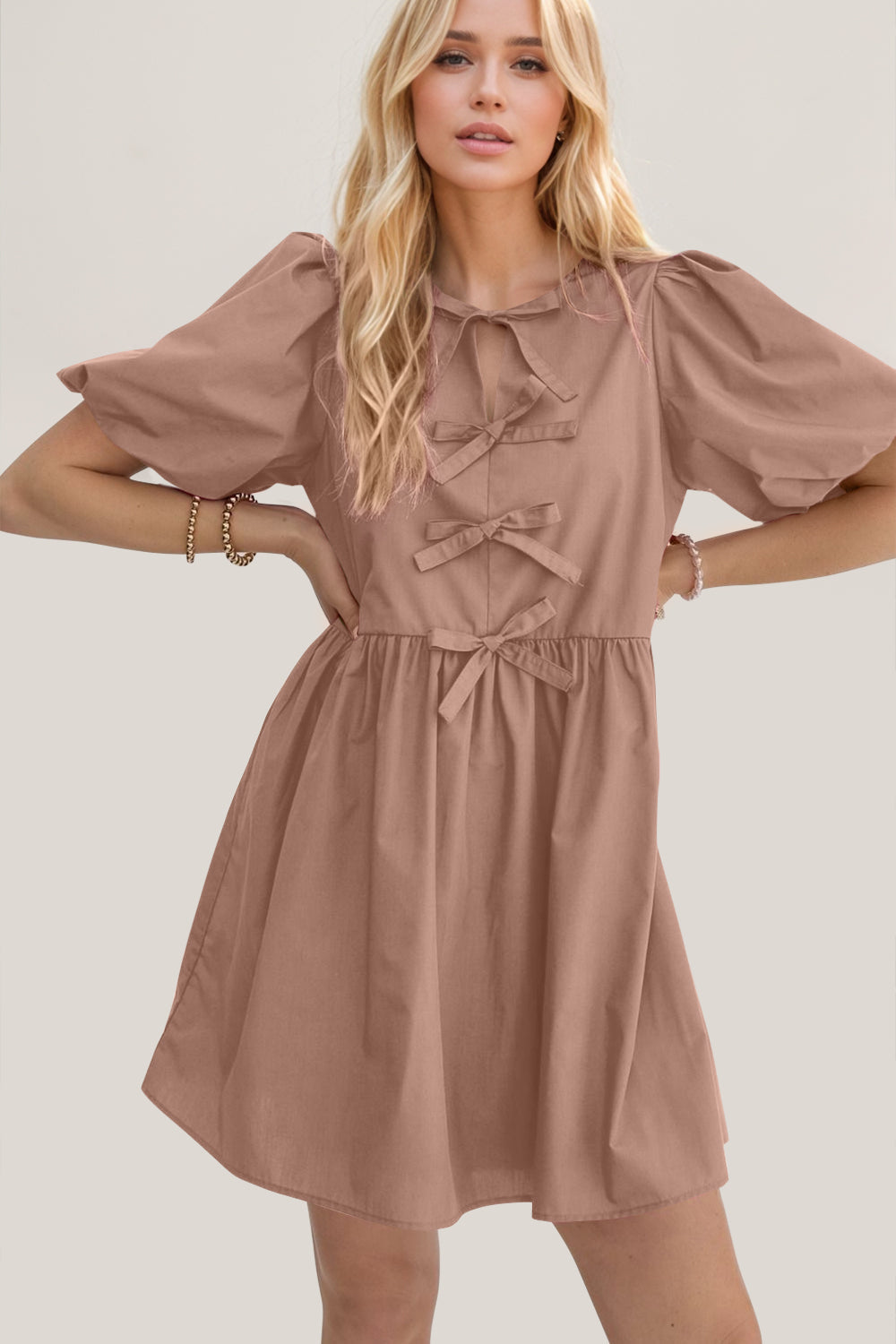 Ruched Puff Sleeve Mini Dress with Bow Detail