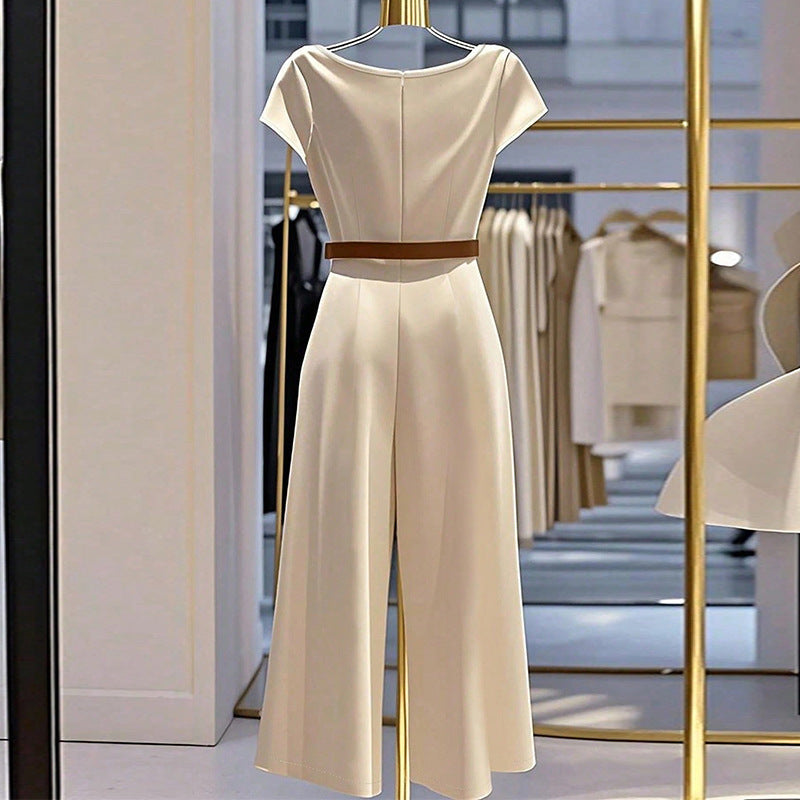 Elegant Satin Wide-Leg Jumpsuit with Cowl Neck in Apricot