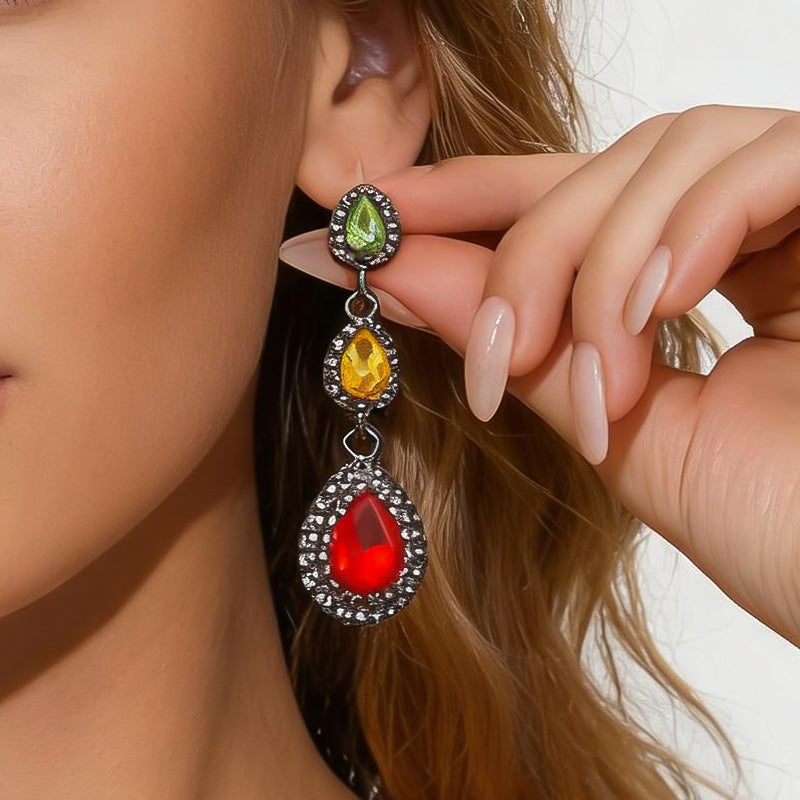 Water Drop Rhinestone Tassel Pendant Stud Earrings For Women,Palace Style Heavy Craft Exaggerated Fashion Jewelry