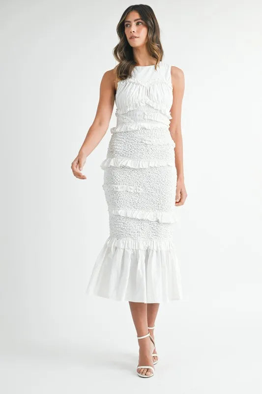 White Ruffled Popcorn Smocked Mermaid Midi Dress