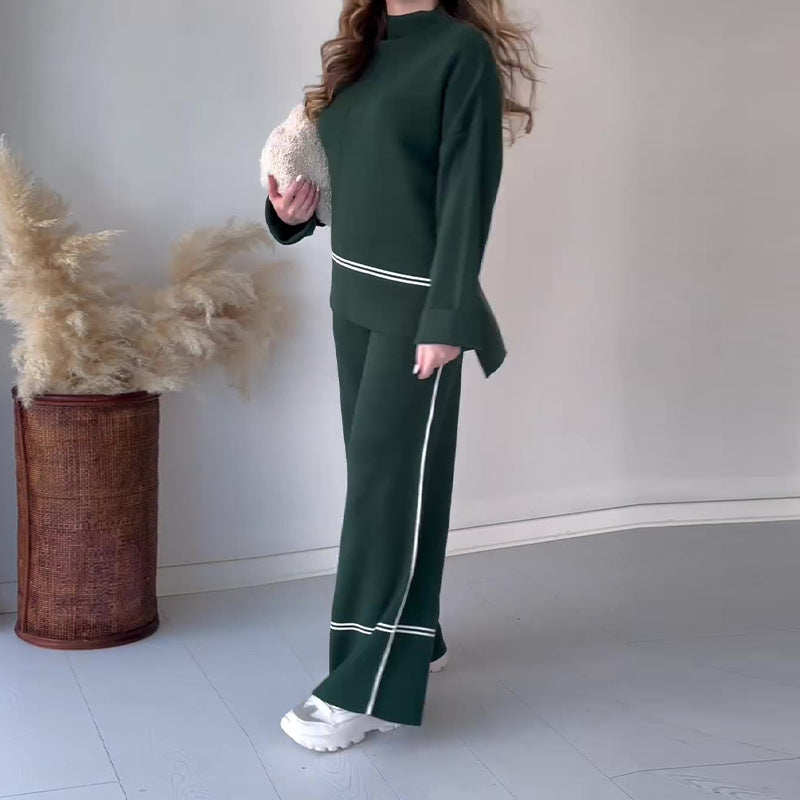 Women Solid Color Casual Knit Two-Piece Set Loose Top Bootcut - Image 11