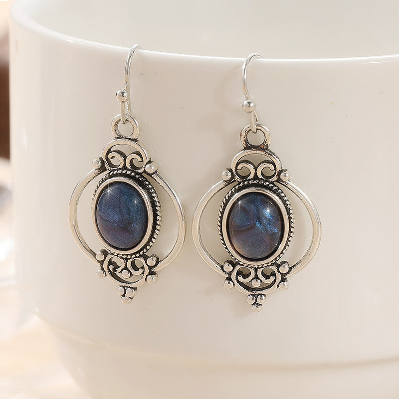 Vintage Blue Oval Stone Drop Earrings Silver Tone Brass Women Boho Artistic Daily Fashion Jewelry