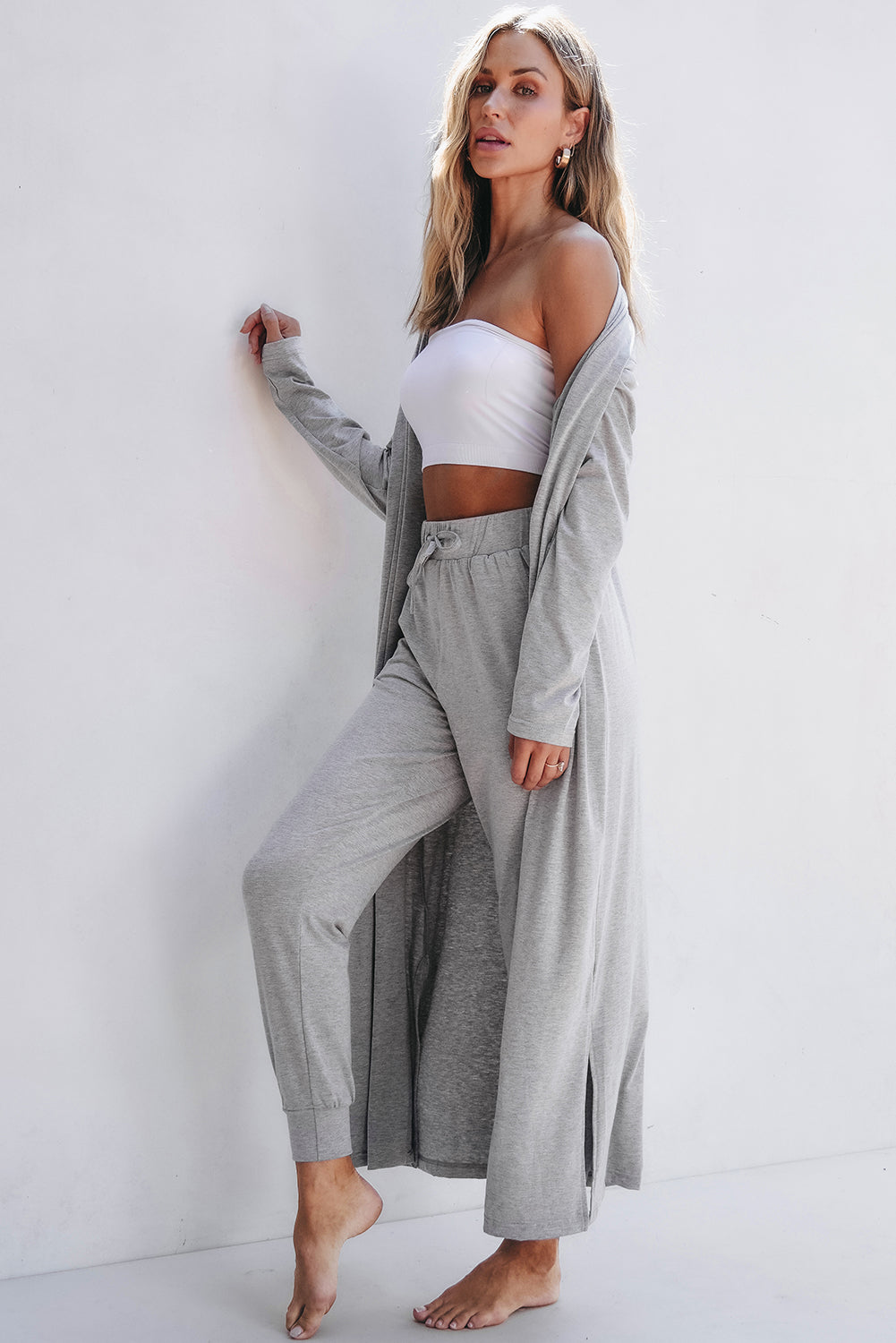 Light Grey Split Long Cardigan & Skinny Pants Lounge Set