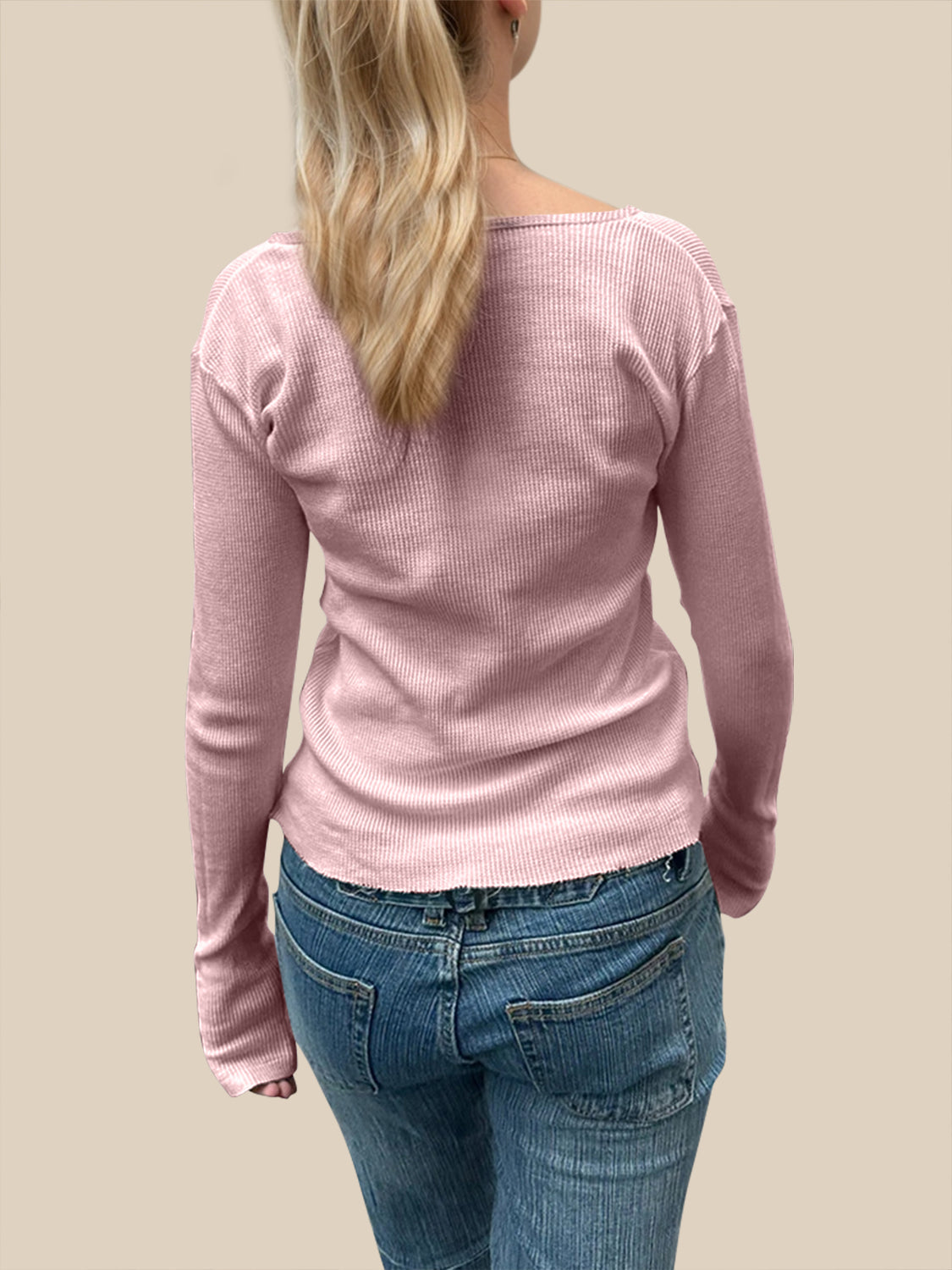 White Waffle Knit Long Sleeve Button Up Henley T-Shirt - Image 9