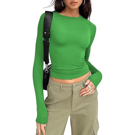 Women T-shirt Long Sleeve Crew Neck Solid Slim Fit Tee  Crop Top