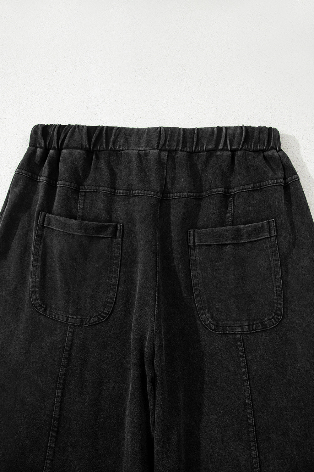 Black Mineral Wash Exposed Seam Drawstring Elastic Waistband Wide Leg Cargo Pants
