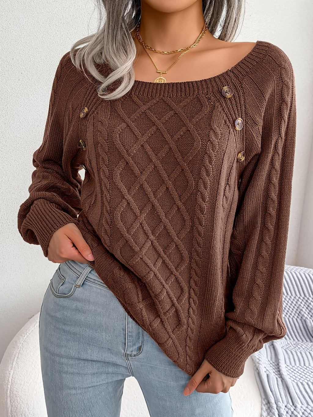 Women's Textured Cable Knit Sweater with Decorative Buttons - Image 9