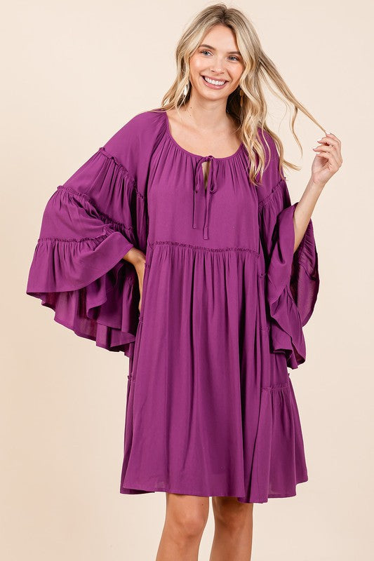 Frill Tie Neck Bell Sleeve Midi Dress for Women