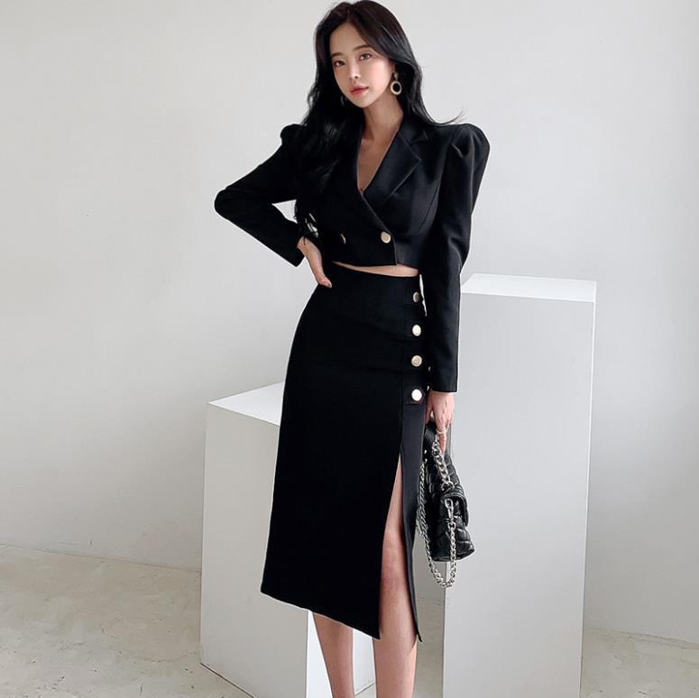 Women's Black Midi Coat Skirt Suit High Waist Slimming Professional