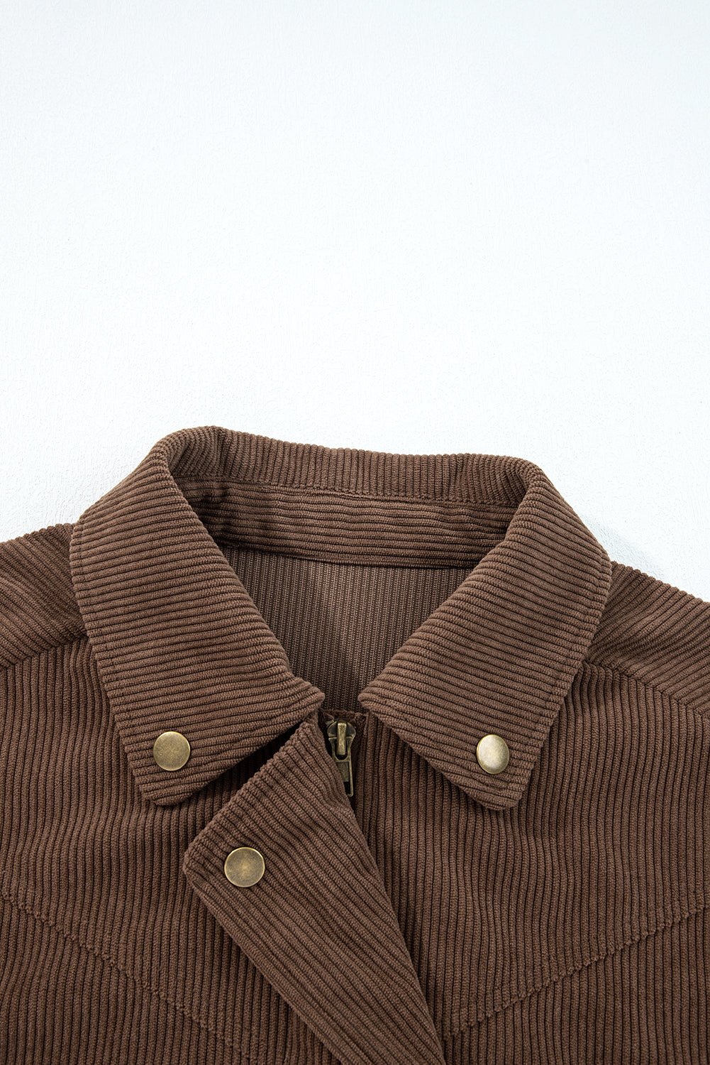Women Brown Corduroy Trucker Jacket with Zip and Button Detail - Image 8