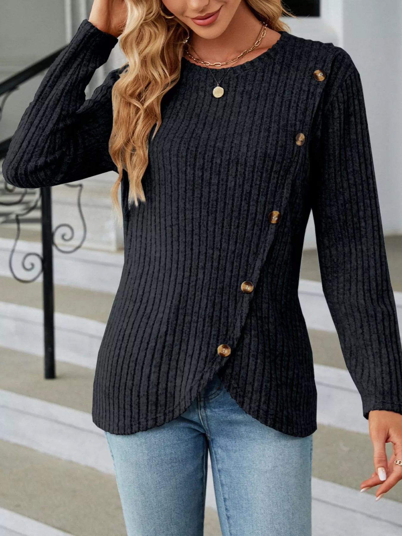 Blue Ribbed Knit Long Sleeve Top with Decorative Button Detail - Image 15