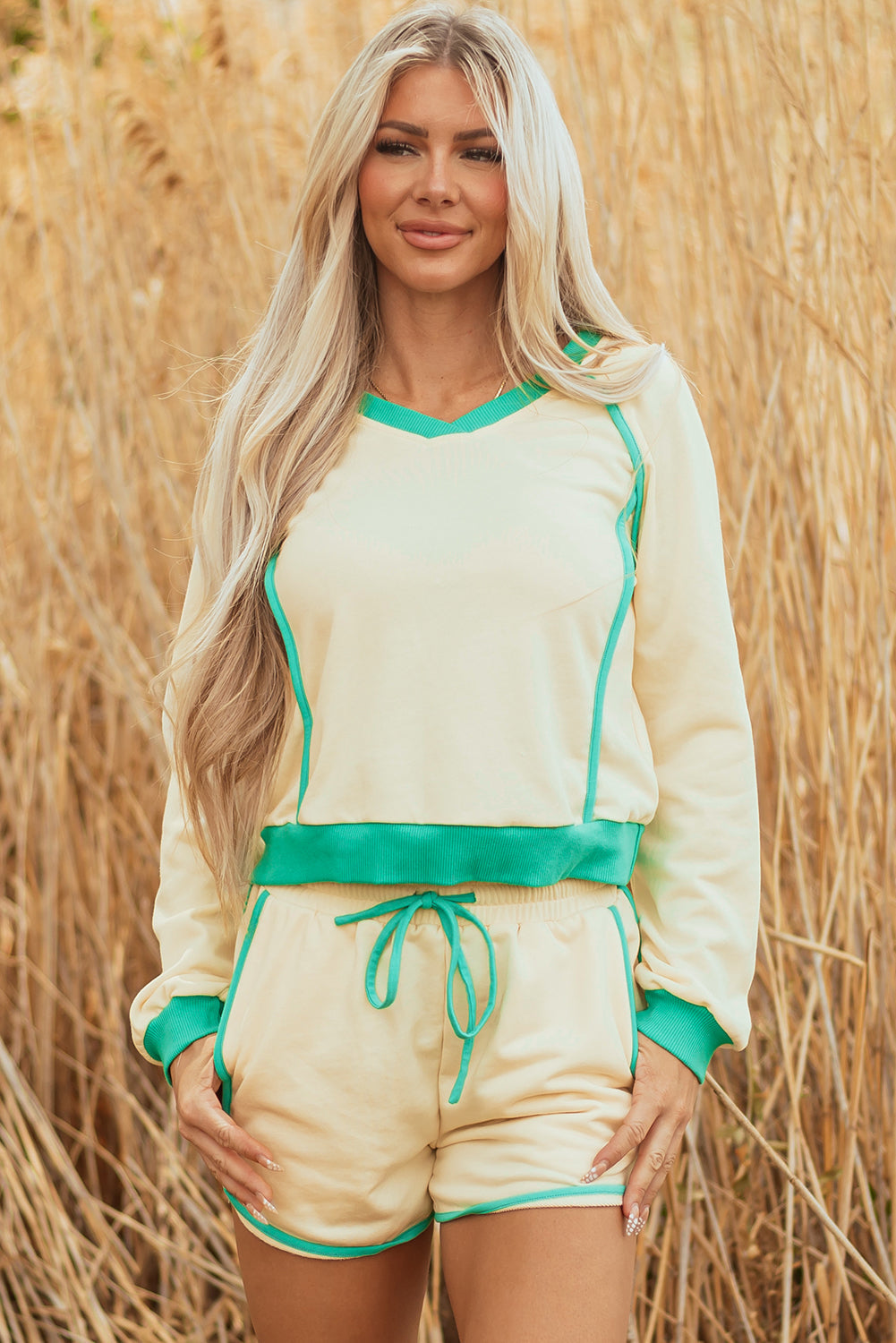 Yellow Long Sleeve Pullover and Drawstring Shorts Lounge Set
