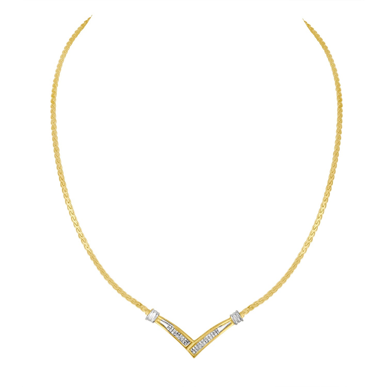 10K Yellow and White Gold 1/2 Cttw Princess Cut Diamond Channel-Set â€œVâ€ Shape 18" Franco Chain Necklace (H-I Color, SI2-I1 Clarity)