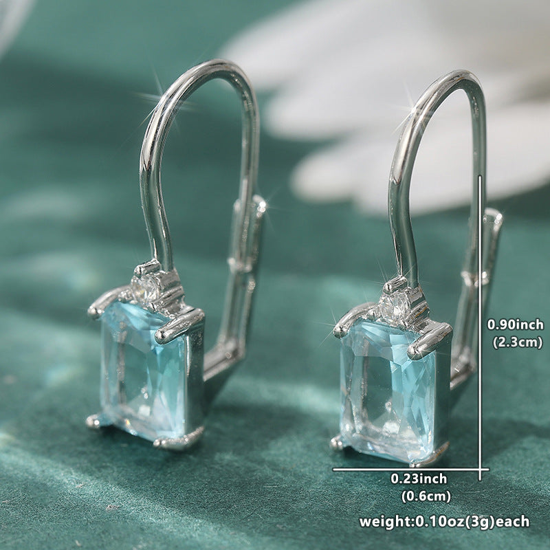 Elegant Blue Rectangle Crystal Drop Earrings Silver Tone Brass Women Daily Wedding Fashion Jewelry Gift