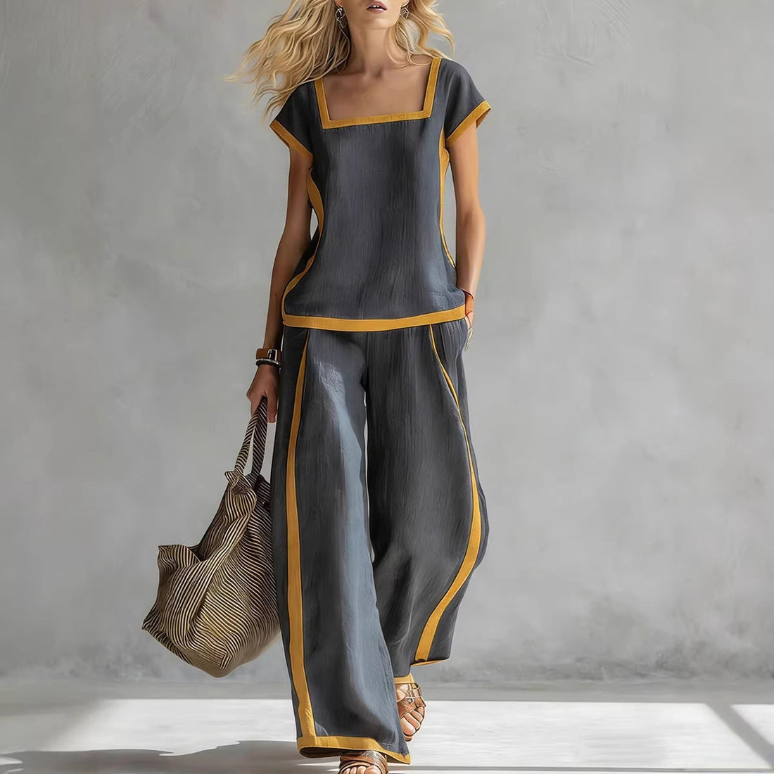 Women’s Square Neck Short Sleeve Two Piece Pants Set with Trim - Image 2