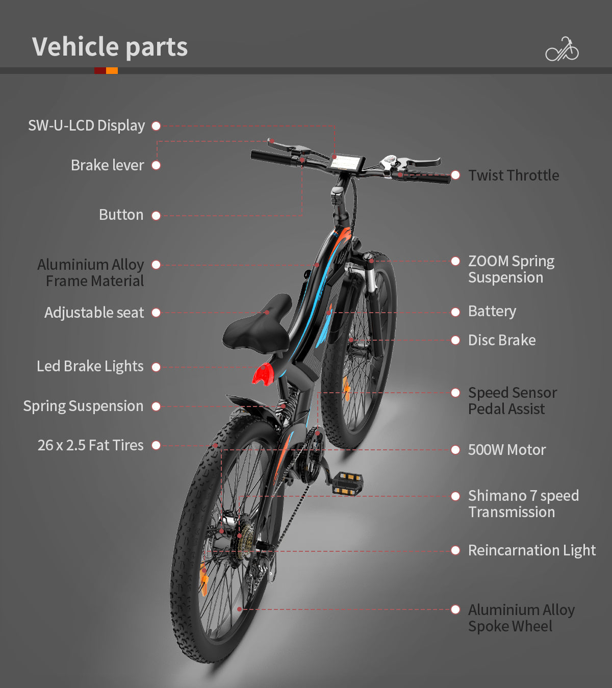 Electric Fat Tire Bike 26 Inch – 500W Rear Motor with Front Suspension