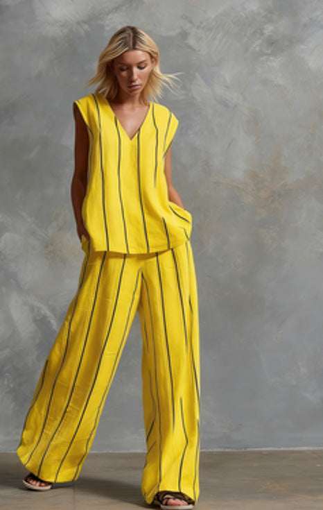Women's V-Neck Sleeveless Striped Top and Wide Leg Pants Set - Image 9
